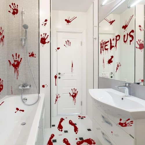 Halloween Window-Clings-Decorations Bloody-Handprint-Footprint Stickers, Scary Halloween Party Indoor/Outdoor Decoration, for Windows, Car - 12 Sheets