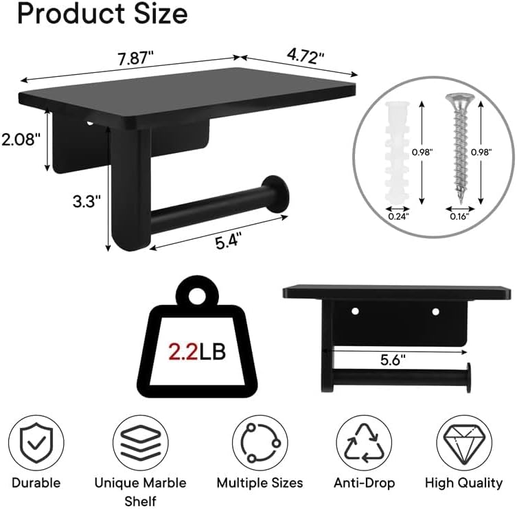 Toilet Paper Holder with Natural Marble Shelf for Bathroom Washroom,Wall Mounted Tissue Holder Suitable for Mega Roll