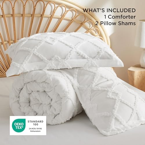 Bedsure Boho Comforter Set King - White Tufted King Size Comforter, 3 Pieces Farmhouse-Style Embroidery Bed Set, Soft