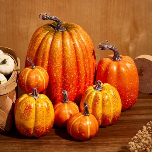 Halloween Autumn Harvest Festival 7 Artificial Pumpkins of Various Styles Decorate Rural Style Farmhouses Foam Pumpkins Thanksgiving Dinner Party Home Festival Autumn Decoration (Orange)