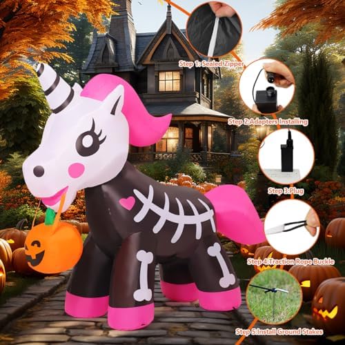 COMIN 5 FT Halloween Inflatables Skeleton Unicorn Outdoor Decorations Blow Up Yard Pink Cute with Built-in LEDs for Indoor Party Garden Lawn Decor