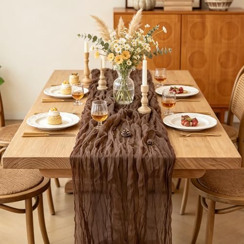 6Pcs Nude Cheesecloth Table Runner, 10FT Rustic Nude Gauze Table Runner 35*120inch Boho Runner for Wedding Bridal Shower Baby Shower Table Centerpiece Decorations