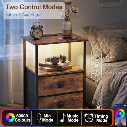 LOAKEKEL Nightstands Set of 2, LED Night Stand with Charging Station