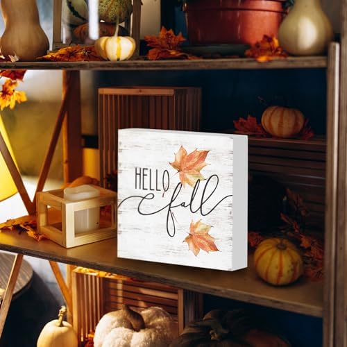 Hello Fall Wood Box Sign, Maple Leaves Desk Shelf Decor, Autumn Decor, Farmhouse Fall Wooden Box Block Sign
