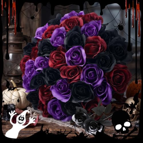 36 Pcs Black Purple Red Artificial Roses with Black Long Stems