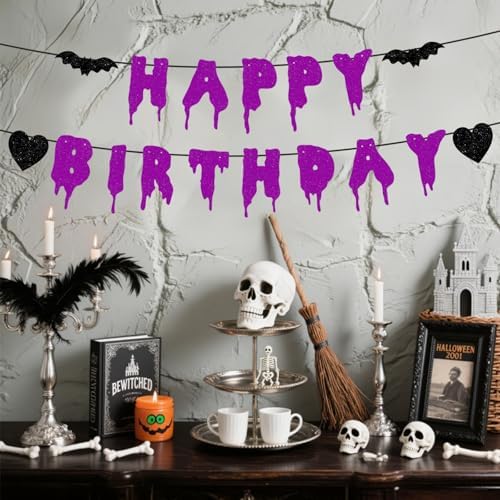 Happy Birthday Halloween Banner NO DIY Glitter Halloween Birthday Party Decorations for Home Office Wall Mantle Scary Party Decorations (Purple)