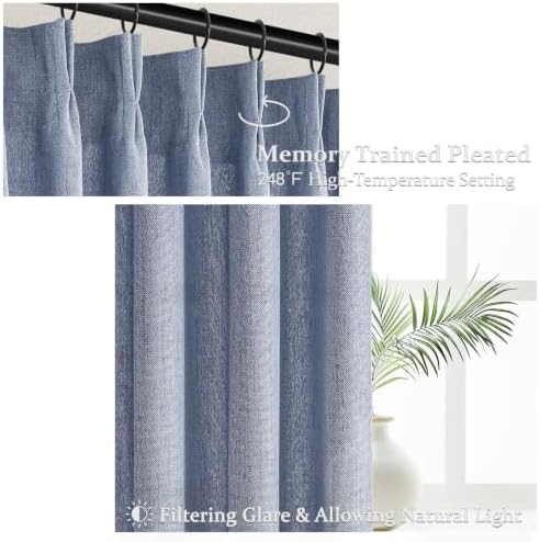 Dusty Blue 102 Inch Extra Long Memory Trained Pleated Linen Sheer Curtains