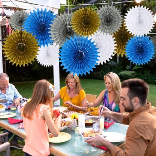 BestoFun 12PCS Blue Gold Silver Hanging Honeycomb Paper Fans Decoration Set for New Year Graduation Birthday Wedding Bachelorette Baby Shower Backdrops Anniversary Paper Party Supplies