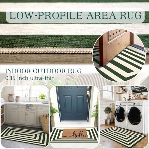 Front Door Mat Indoor Entrance 2x4.3 Modern Green White Striped Rug
