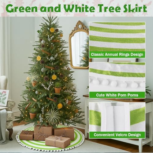 30 Inch Green and White Christmas Tree Skirt with Pom Poms