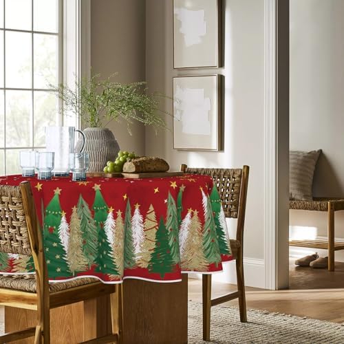 Horaldaily Christmas Tablecloth 90 x 90 Inch Round Christmas Trees Red
