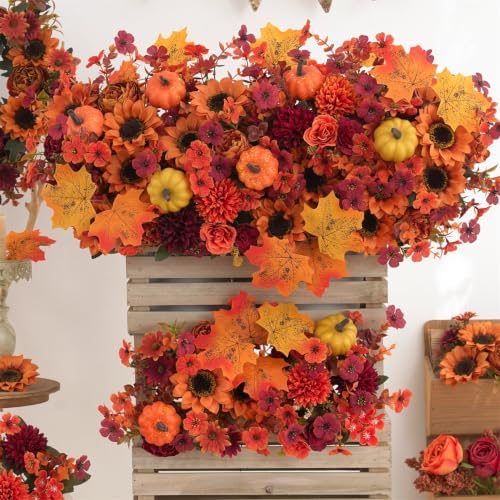 Mixed 12 Pcs Fall Artificial Flowers, Sunflower Peony Bouquet with Maple Leaves Pumpkins, Autumn Faux Floral Arrangements for Table,Thanksgiving, Halloween, Porch Planters, Garden Patio Outdoors Decor