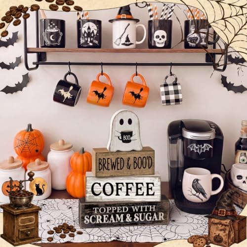 Lineshading 4 Pcs Halloween Ghost Blocks, Wooden Coffee Farmhouse Decor
