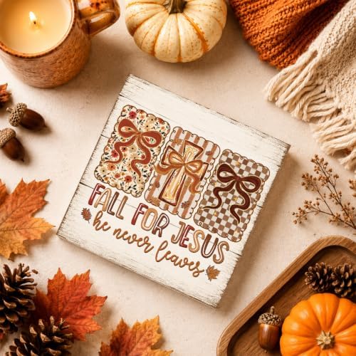 Fall For Jesus He Never Leaves Sign | Christian Triptych Bow Decor