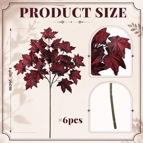 Thiccywoov 6 Pack Artificial Fall Maple Stems, Burgundy Leaf Picks for Vase