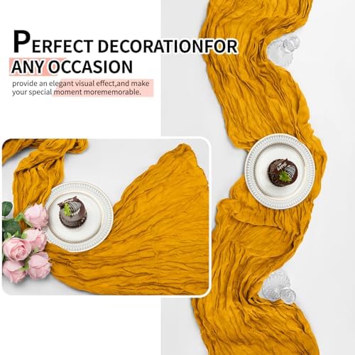 12 Pcs Gold Cheesecloth Table Runner 10Ft, Golden Yellow Gauze Table Runners 21.5 x 120 inch,Semi Sheer Cheese Cloth Fabric Runner Bulk for Wedding,Party,Baby Shower,Bridal Shower