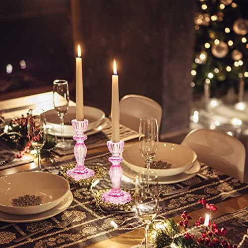 Glass Candle Holders, 2PCS Decorative Candle Stand Wide Base Candlestick Holder Table Centerpiece Decor for Wedding Festival Party Windowsill, Pink