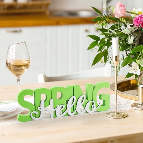 COCHIE Wooden Hello Spring Sign, Spring Decorations for Home, Office, Shelf, Mantel, Indoor, Wood Spring Decor, Spring Table Top Party Decoration (Hello Spring)