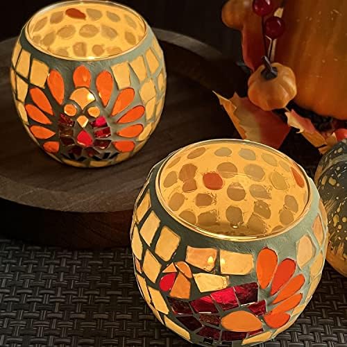 SHMILMH Thanksgiving Votive Candle Holder Set of 4, Mosaic Glass Tealight Holders with Turkey for Fall Table Centerpiece Fireplace Party Decorations
