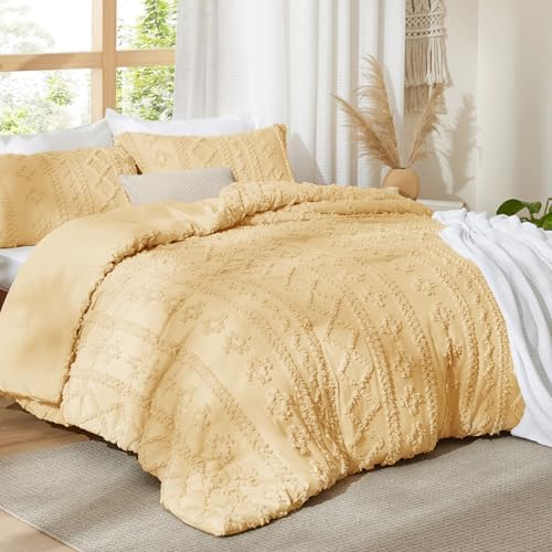 Bedsure Tufted Boho Comforter Set Queen Size - Yellow Boho Bed Set, GentleSoft™ 3 Pieces Farmhouse-Style Embroidery