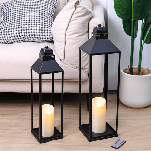 Large Lanterns Decorative Outdoor Indoor, 23" 19" Floor Lantern with Candle