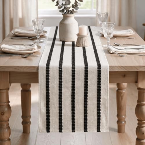 Artoid Mode Black Farmhouse Woven Stripe Table Runner, Seasonal Holiday Boho Rustic Kitchen Dining Table Decoration for Home Party Decor 12x90 Inch