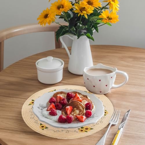 Whaline 4Pcs Sunflower Embroidered Placemats Spring Summer Floral Round Place Mats Dinner Table Mats for Home Holiday Birthday Baby Shower Party Decor