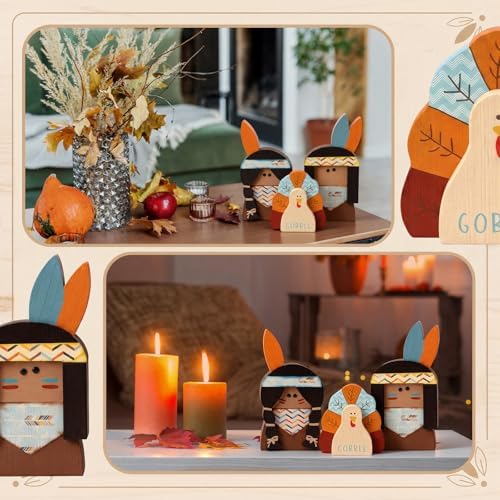 Colingmill 3 Pcs Thanksgiving Decorations Wooden Turkey Pilgrim Table Sign