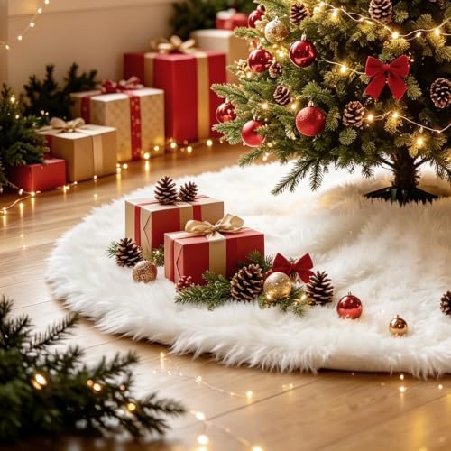 Christmas Tree Skirt White, 48 Inch Soft Faux Fur Xmas Tree Skirts, Large Luxury Velvet Plush Christmas Trees Decoration, White Ornaments for Christmas Holiday Party Indoor Party Home Decor