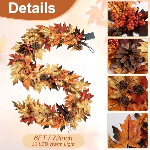 6FT Fall Garland with 30 Warm Lights & Timer & Gradient Maple Leaves
