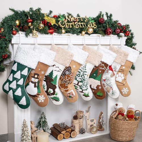 LUBOT 6 Pack Christmas Stockings Set of 6 Large Family Xmas Stocking Leather Embroidered 20" Modern Rustic Farmhouse Country Fireplace Hanging Holiday Decor