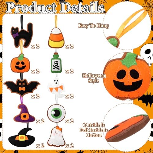 Breling 20 Pcs Halloween Felt Ornaments 3D Halloween Tree Hanging Decorations 3.15 Inch Ghost Bat Pumpkin Black Cat Witch Hat Felt Ornaments for Garland Banner Mantle Wall Party Decor