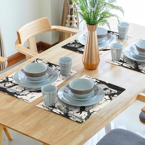 Crow Halloween Placemats Set of 4 18x12 Inch Ravens and Bats in Forest Linen Place Mats Heat-Resistant Washable Wipeable Holiday Table Mat for Party Kitchen Dining Room Dinner Table Decor