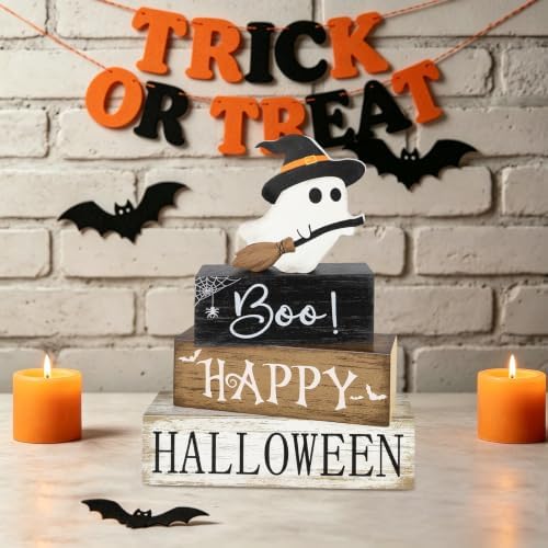 4Pcs Halloween Table Decorations Indoor, Farmhouse Halloween Cute Ghost Block Decorations, Rustic Ghost Table Centerpieces Signs Tiered Tray Decor for Home Mantel Shelf Office Party Supplies