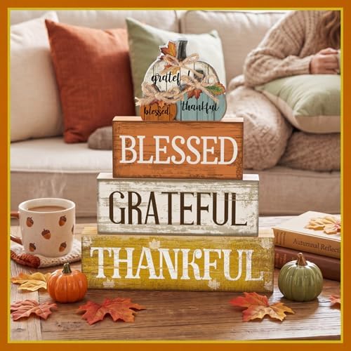 Lineshading 4 Pcs Stacked Pumpkin Block Signs, Fall Thanksgiving Decor