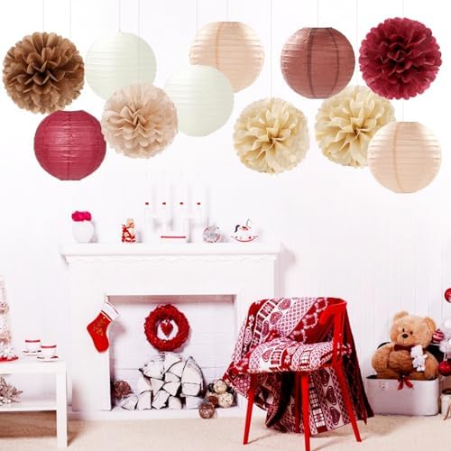 Burgundy-Brown Champagne Party-Decorations Paper-Flowers Lanterns - 15PCS Fall Boho Tissue Pom Poms Streamers,Autumn Rustic Baby Shower Neutral Wedding Birthday Decor Hugfond