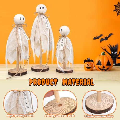 Wooden Ghost Halloween Decorations Indoor– Set of 3 Sizes Rustic Shelf Sitters with Fabric Ghost Figures – Halloween Table Decor for Tiered Tray, Mantel, Halloween Party Supplies（White）