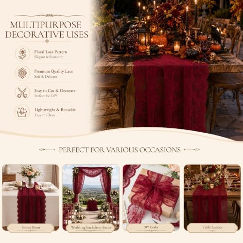 Burgundy Lace Table Runner with Floral Embroidered (1pcs, 28”x118”)