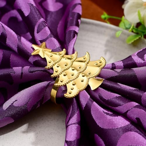 Gold Christmas Tree Napkin Rings Set of 6, Metal Winter Xmas Napkin Holders Wedding Dinner Home Table Decorations Winter Christmas Decors