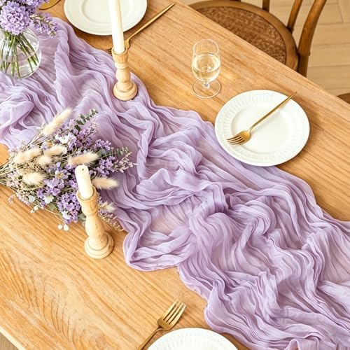 6Pcs Lilac Table Runner, 10FT Rustic Gauze Lavender Table Runner 35*120inch Boho Table Runners for Wedding Bridal Shower Baby Shower Table Centerpiece Decorations