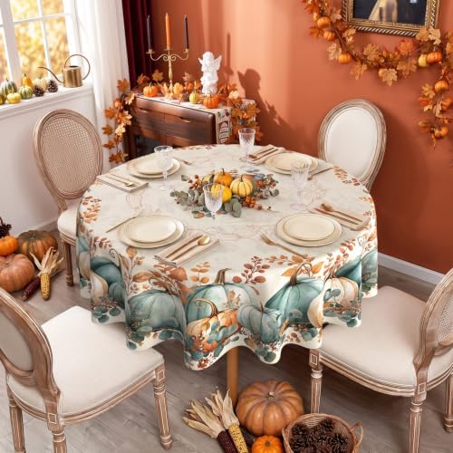 Fall Round Tablecloth 90 Inch, Stain Resistant Washable Fabric Autumn Pumpkin Table Cloth Round Fall Tablecloth Table Cover for Kitchen Dining Party