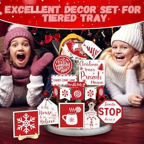 FairySandy 15 Pcs Christmas Tiered Tray Decor Rustic Christmas Decorations