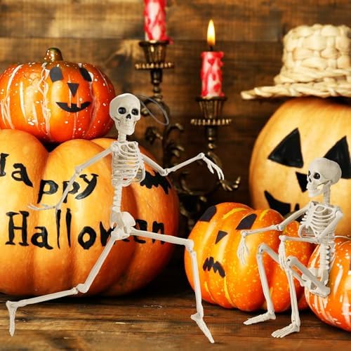 GoClimber 2 Pack Posable Small Halloween Skeleton, 16" Full Body Halloween Skeleton Decor with Movable Joints, Party Indoor Decorations