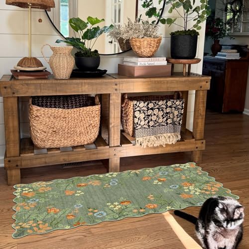 Front Door Mat Indoor Entrance - 2x4.3 Ft Sage Green Floral Washable Layered Doormat Outdoor Entrance Porch Rug