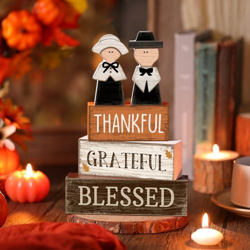 Lineshading 4 Pcs Wooden Fall Pilgrim Block Signs Tabletop Decor