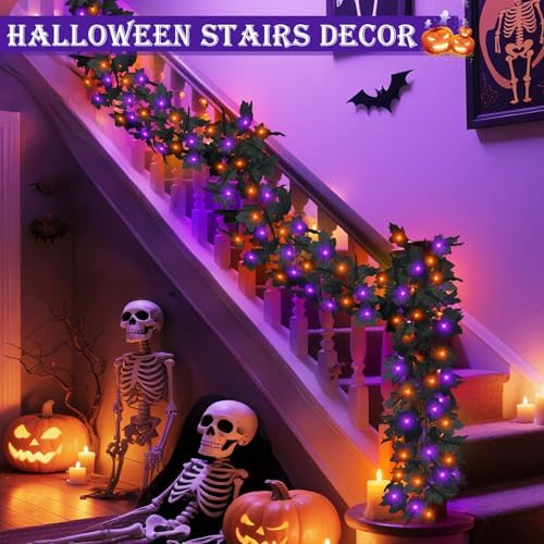 Timer - 2 Pack Halloween Garland with Purple Orange Lights Battery Operated