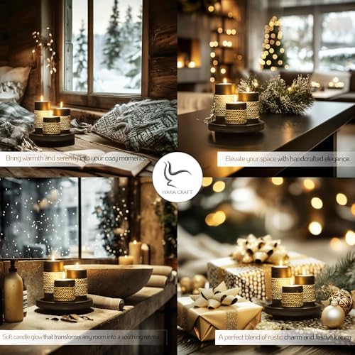 IYARA CRAFT Candleholder Set with Tray, Set of 3 Rustic Black Wooden Tealight Candle Holders with Natural Rope Accent