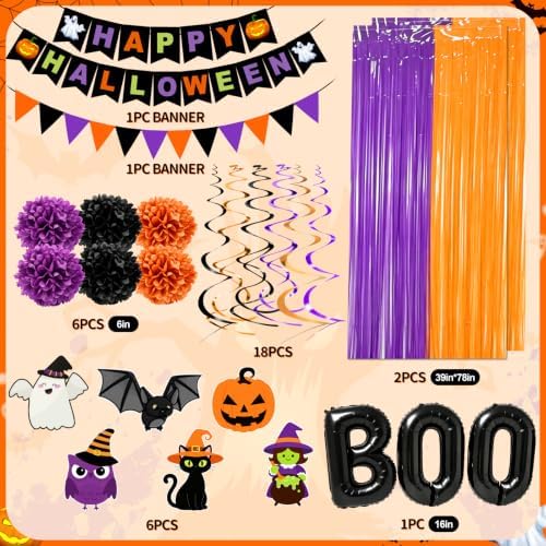Halloween Party Decorations, 73PCs Halloween Decorations Indoor Set Including HAPPY HALLOWEEN Banner Bat Stickers Hanging Garland Swirl Streamers Fringe Curtains BOO Balloons for Classroom Home Decor