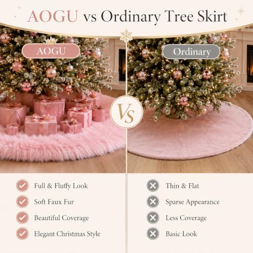 AOGU 36 Inch Faux Fur Christmas Tree Skirt Pink Plush Skirt for Merry Christmas Party Christmas Tree Decoration