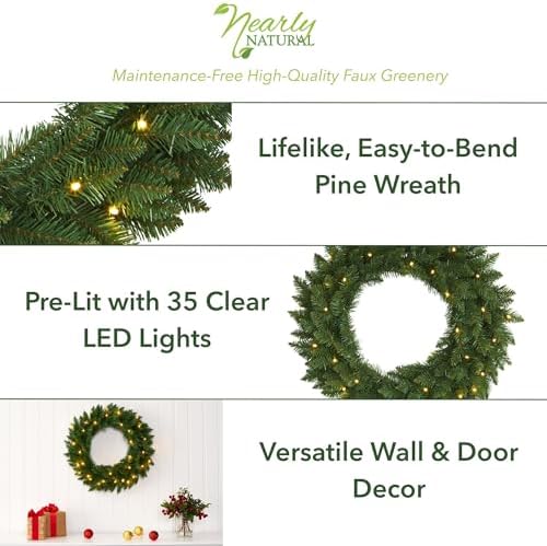 Nearly Natural 24 in Artificial Pine Wreath with 35 Clear LED Lights